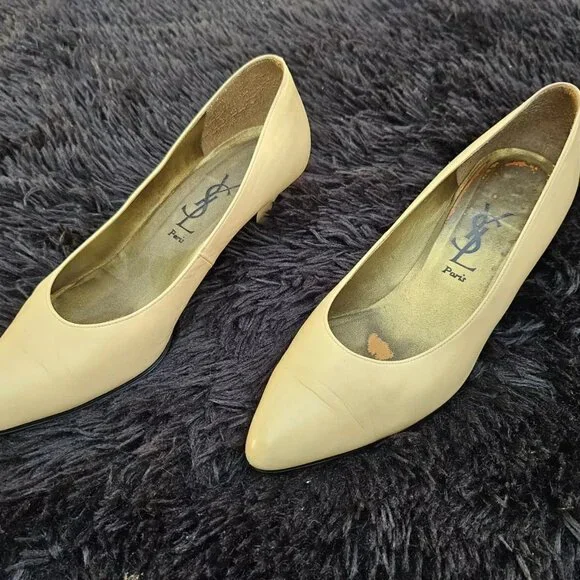 YSL Paris Women Heel Sandal Beige Leather Upper Shoes Saint Laurent Size 36.5 - Picture 2 of 11